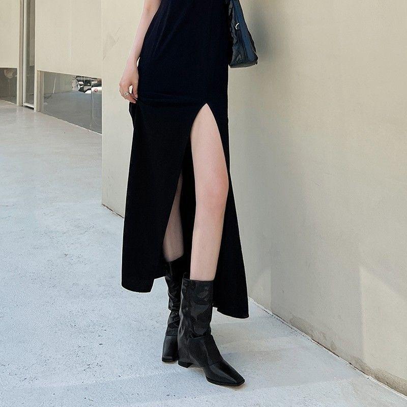 High Boots for Women High Heels Square Toe Suede Knee High Designer Shoes 2025 Fashion Winter Pumps Chunky Chelsea