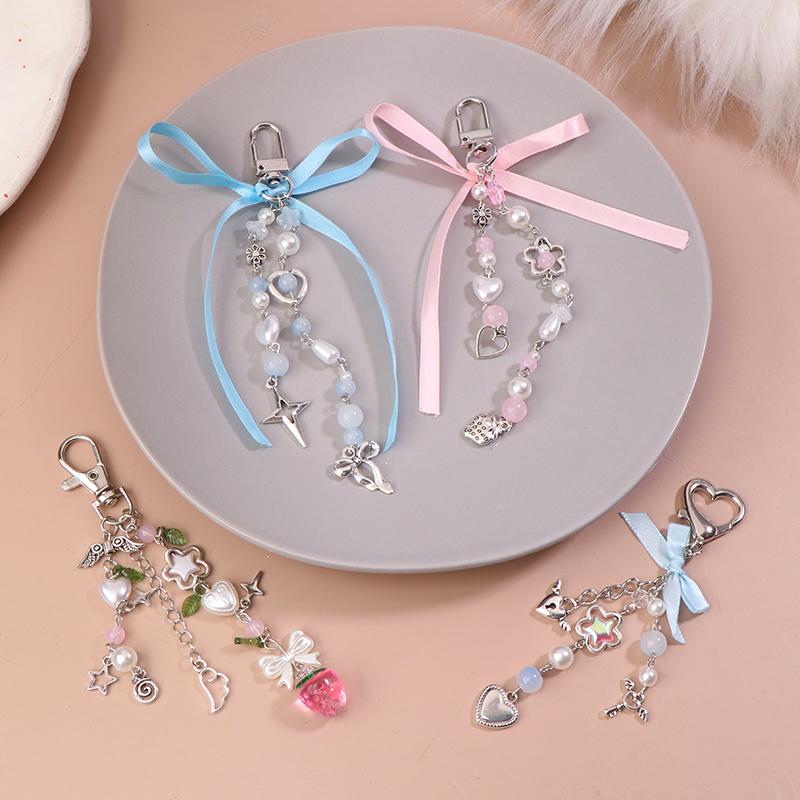 Lace Bowknot Keychain Star Love Bow Strawberry Charm Bag Pendant Keyring Jewelry Bag Decor