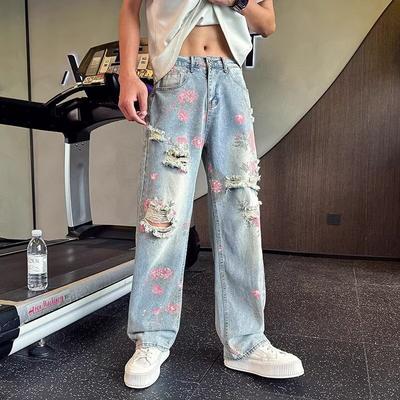 Summer Thin Fashion Ripped Jeans Men's Loose Casual Printing Straight Trousers
