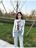 Harajuku Mosaic Cat Print Oříznutý Top Ležérní Základní Trička s dlouhým rukávem Crew Neck Přiléhavá trička Y2K