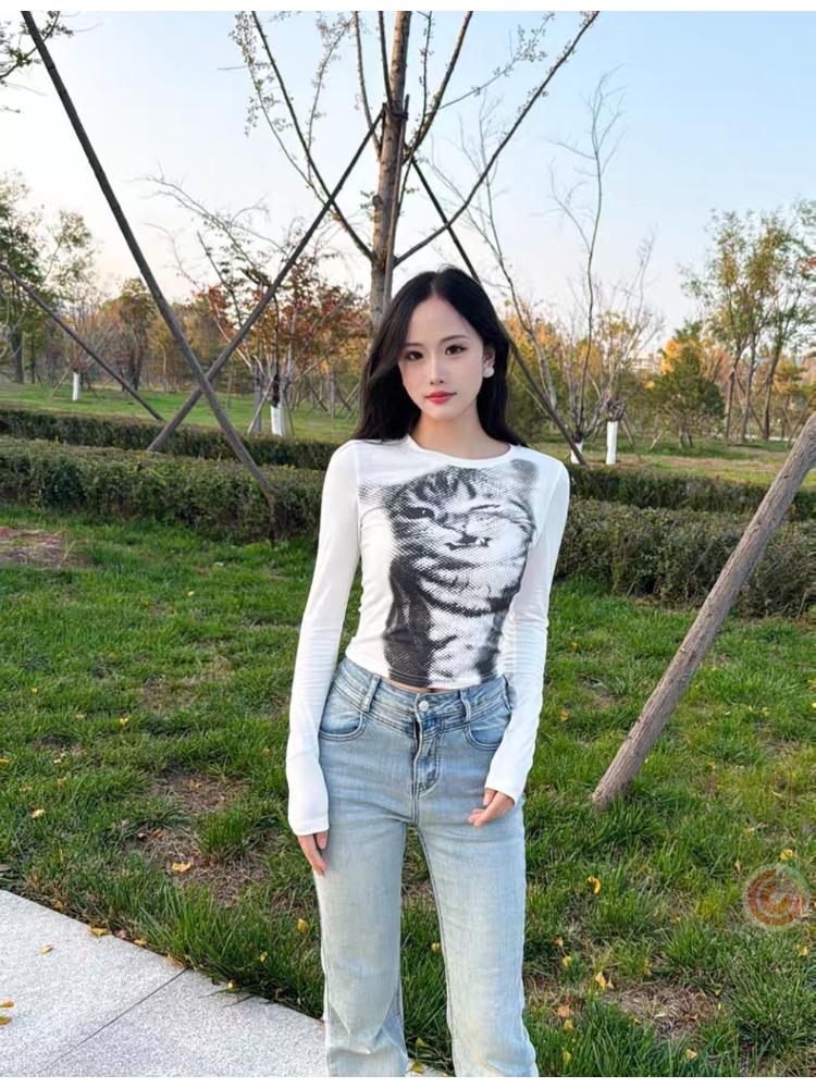 Harajuku Mosaic Cat Print Oříznutý Top Ležérní Základní Trička s dlouhým rukávem Crew Neck Přiléhavá trička Y2K