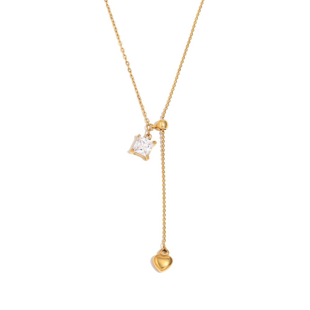Elegant Gold Square Zircon Heart Tassel Necklace For Women Niche Design Luxury Temperament Pendant Jewelry Fashion Accessory