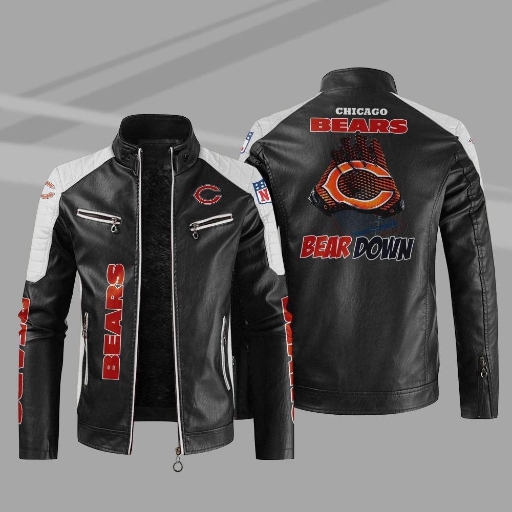 Boutique leather jacket stand-up collar velvet team fan gift Chicago Bears new men's casual jacket