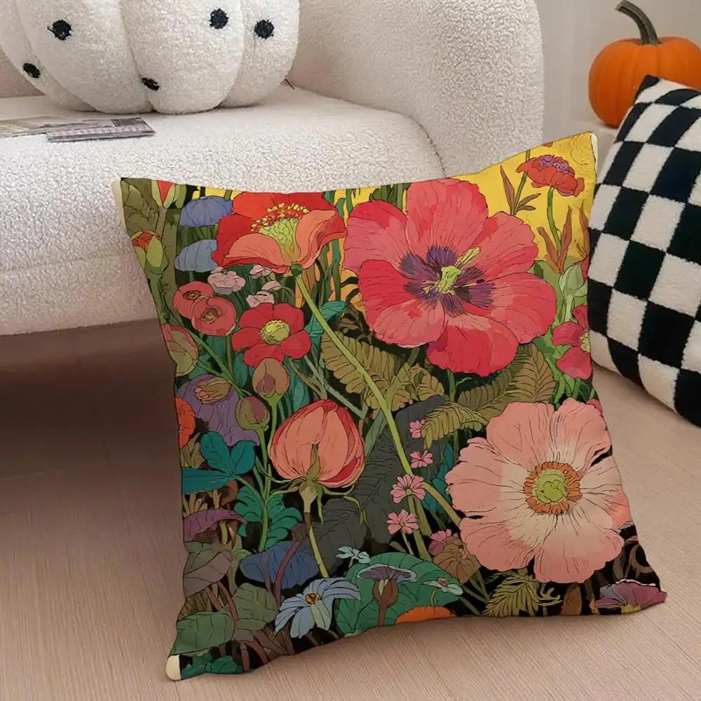 Colorful Spring Flower 2D Flat Printed Cushion Cover Aesthetic Botanical Throw Pillowcase For Home Living Room Chair Decor