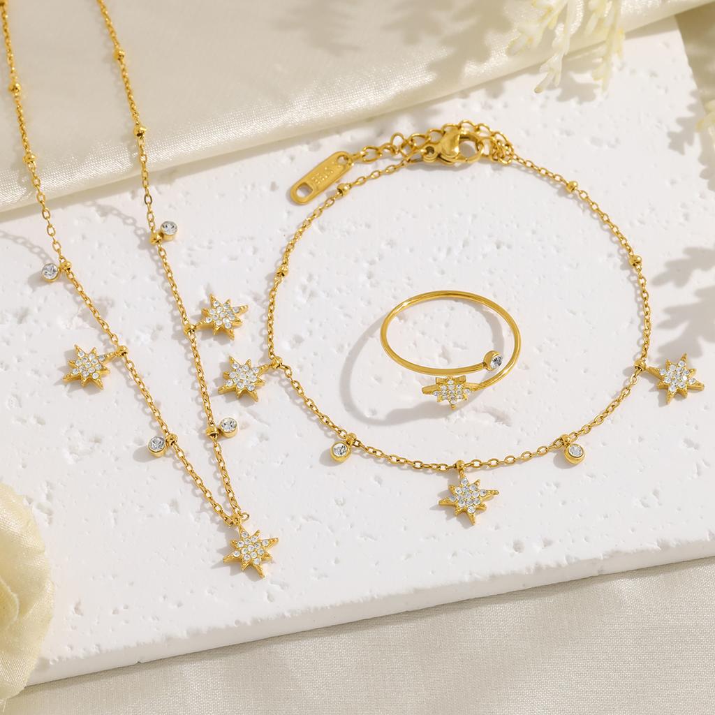 WILD & FREE Exquisite Crystal Star Charm Necklace Bracelet Ring Jewelry Set 18K Gold Plated Stainless Steel Jewelry for Women