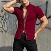 INCERUN Summer Men Stand Neck Short Sleeve Zipper Splits Fitted Casual Tops T-shirts