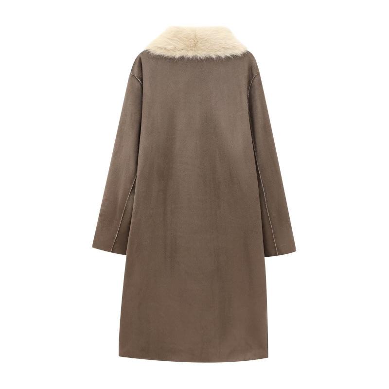 Women's clothing autumn and winter European and American contrasting colors lapel collar large pocket decoration double-sided wear artificial fur coat