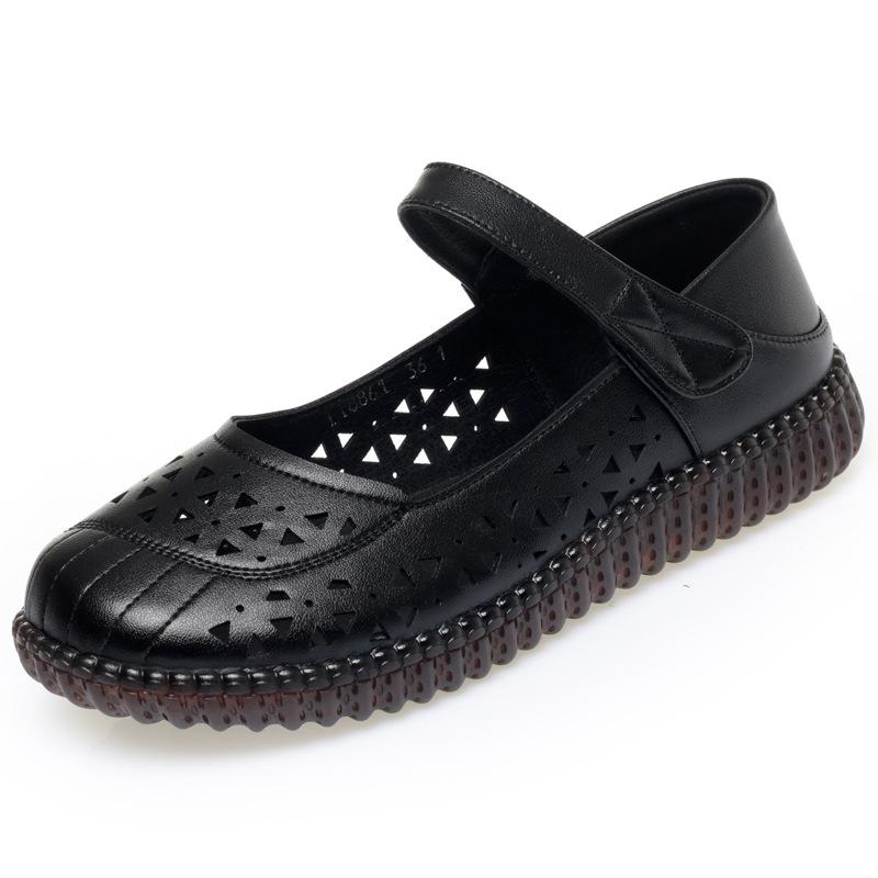 

Comfortable Breathable Shallow Mouth Genuine Leather Shoes Woemn Mary Janes 2025 Flat Heels Cutotut Hole Shoes for Mom Work41 42 35 чорний