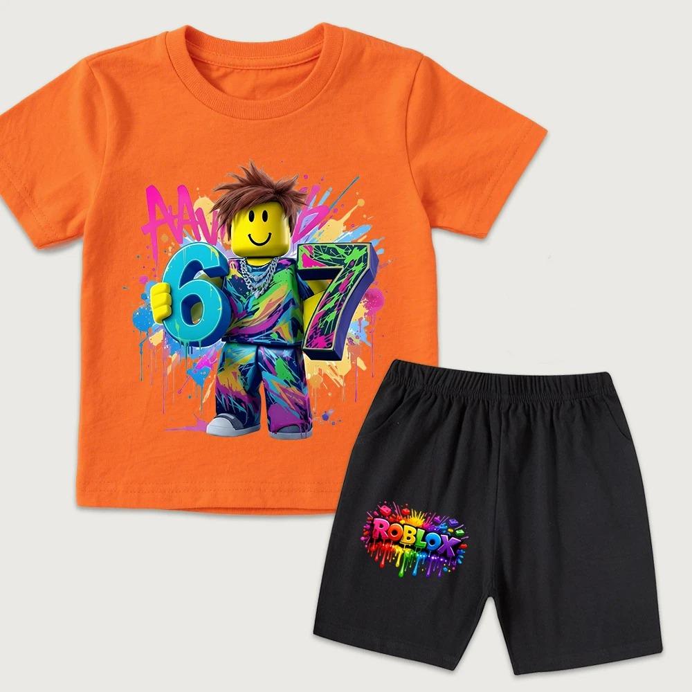 Fashion Cartoon Game 67 Cute Printed Kids T Shirt and Shorts 2 Piece Set Summer Casual Outfit for Boys and Girls Childrens Clothing