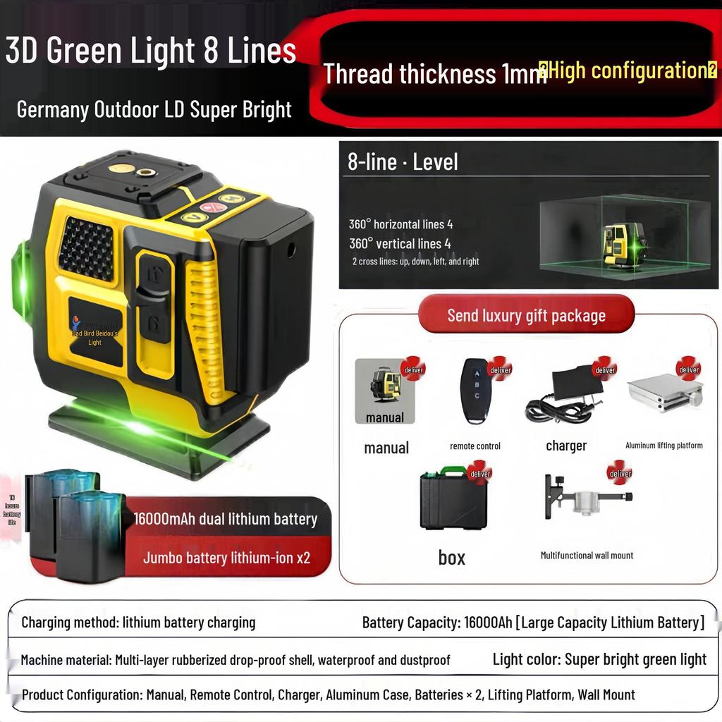 12-Line High-Precision Green Laser Level, Wall/Floor-Mounted, Automatic Leveling for Indoor/Outdoor Use