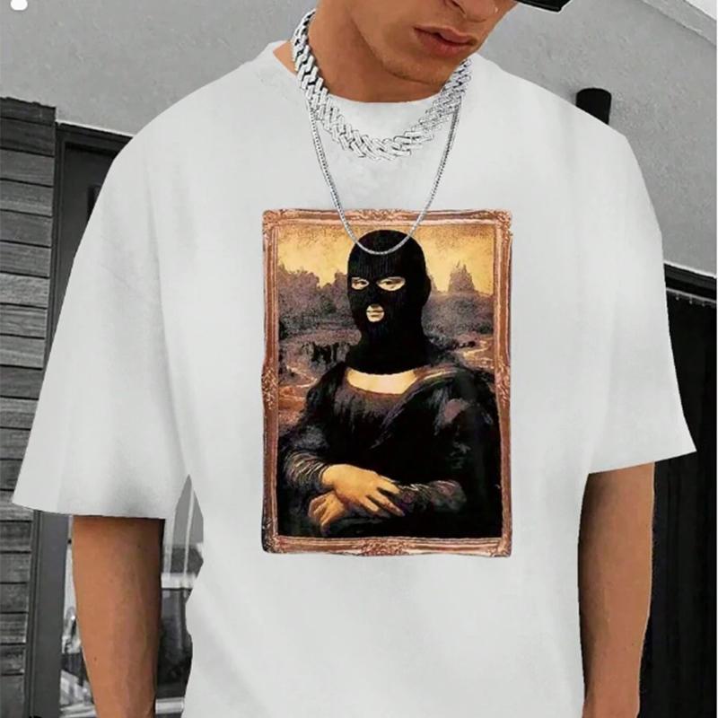 Yeni Yaz Erkek Moda Tişört Komik Mona Lisa Baskılı Erkek Tişört Üst