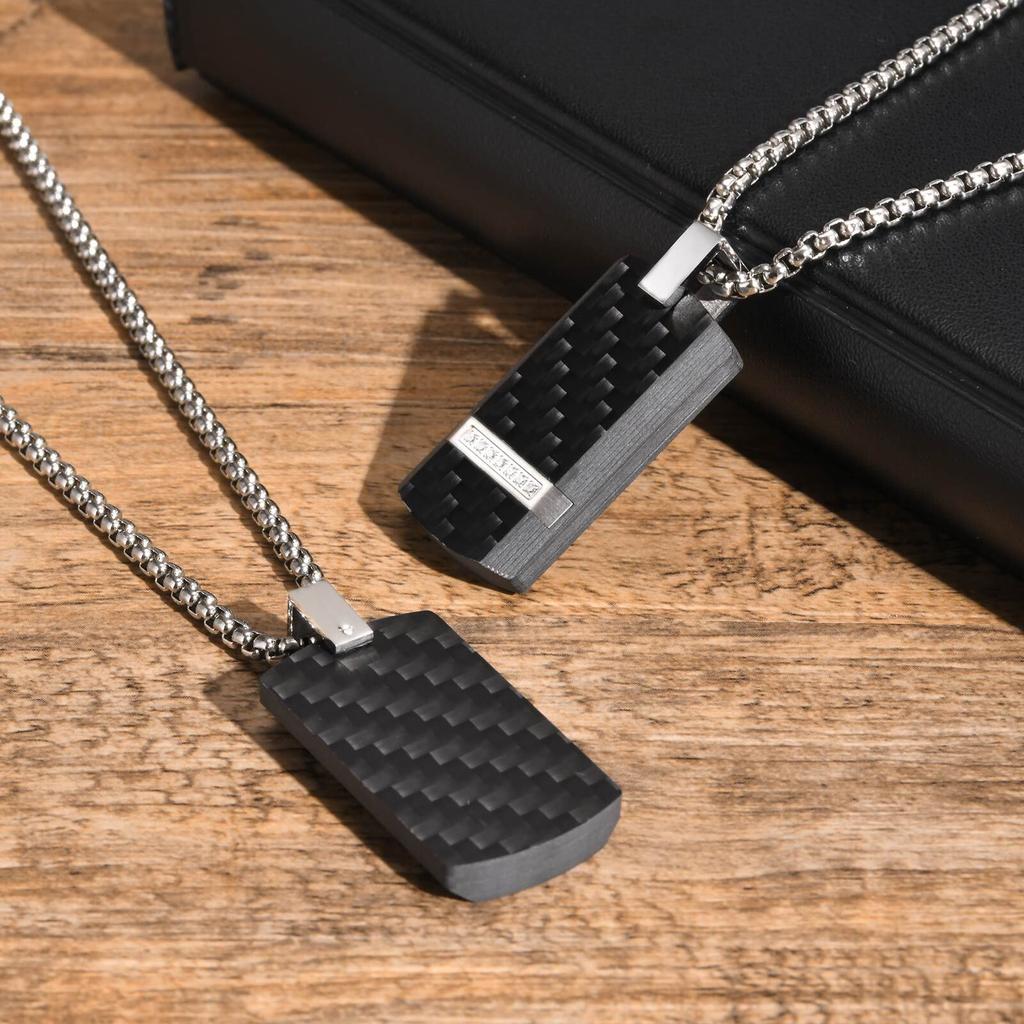 Vnox Mens Luxury Carbon Fiber Dogtag Necklaces,Black Military Dog Tags Pendant with Box Chain,Bold Geometric Collar Jewelry Gift