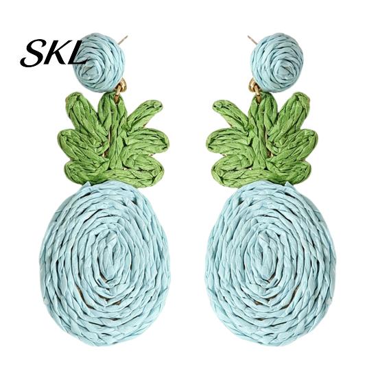 Three-dimensional Pineapple Earrings 1 Pair Handmade Raffia for Women, Boho Straw Hand-Woven Summer Beach Skirt Jewelry Dangle Earrings, Natural