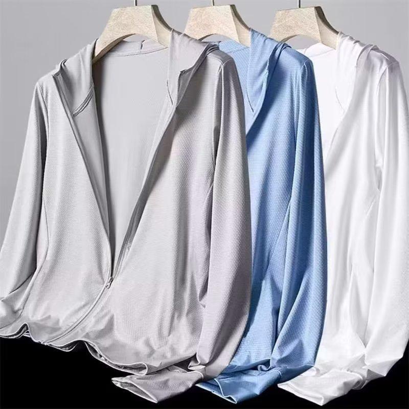 Chaqueta Ligera con Capucha para Protección Solar de Seda de Hielo para Hombre – Verano, Corte Holgado, Talla Grande, Colores Simples