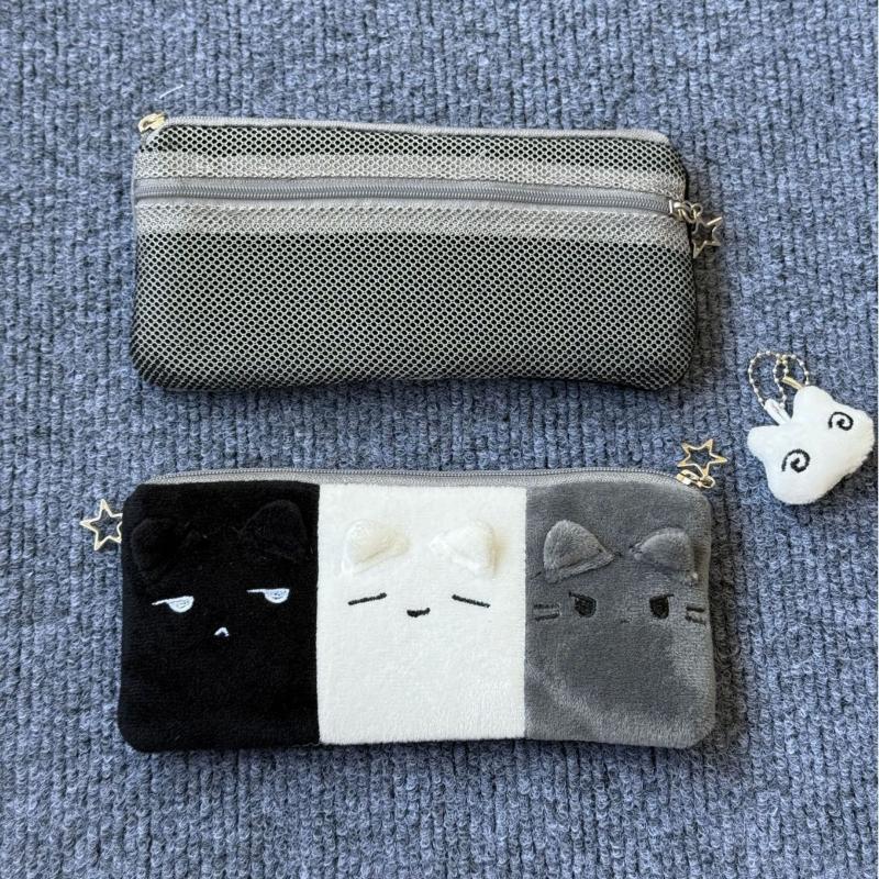 Kawaii Cartoon Black White Grey Color Blocked Plush Pencil Case Student School Desktop Stationery Large Capacity Storage Penbag A1