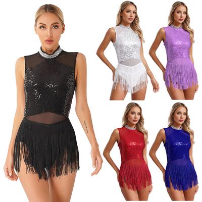 Womens Glittery Rhinestone Dance Dress Fringed Leotard Mesh Patchwork Design Sequined Latin Performance Costume