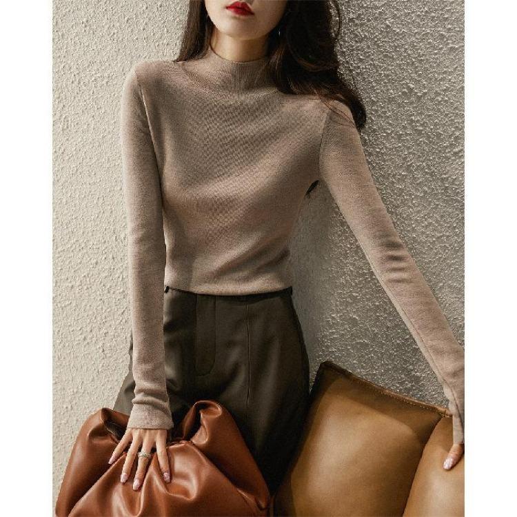 Women's Sweaters - Korean Style Large Size Womens Half Turtleneck Knitted Sweater Long Sleeve Autumn Winter Solid Color Tops T Shirt Bottoming Shirt
