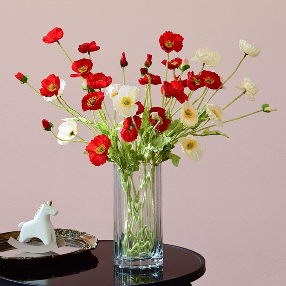 Gorgeous Flocking Stem Artificial Papaver Rhoeas Faux Bouquet Fake Poppies Flowers Silk Plants