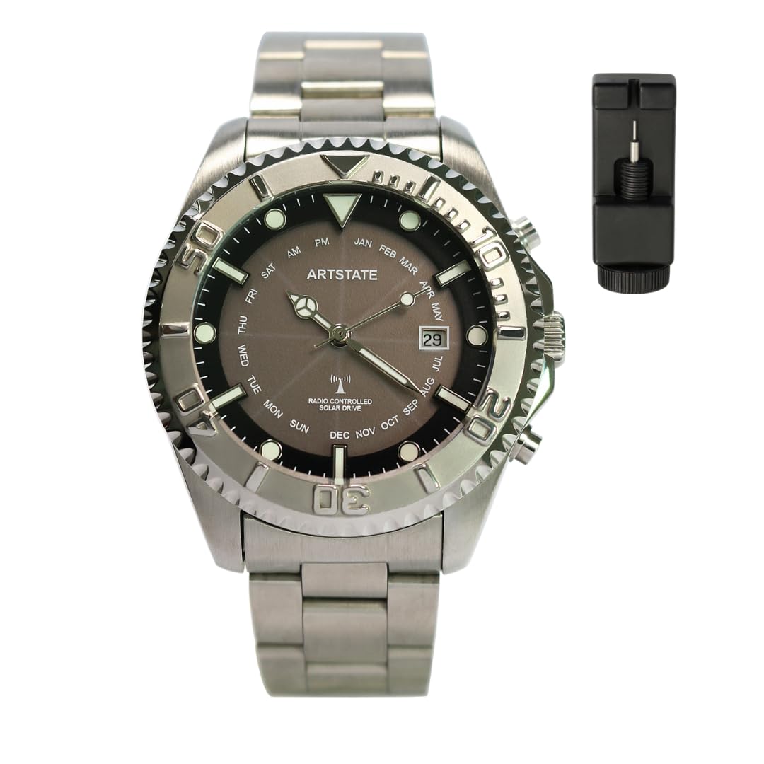

[ARTSTATE AS0259D] Men s Solar Radio-Controlled Watch, Date Display, Stainless Steel, Long Life, 100M Water Resistance (BLACK)