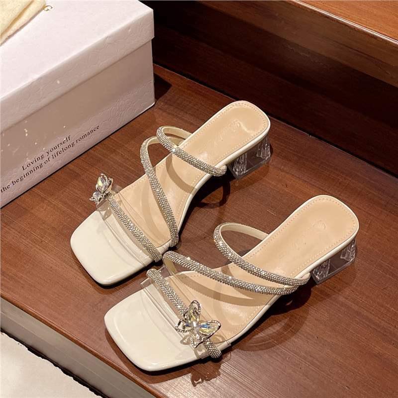 2025 new fairy rhinestone bow fairy beautiful high value cool slippers outer wear with diamond crystal heel women's shoes