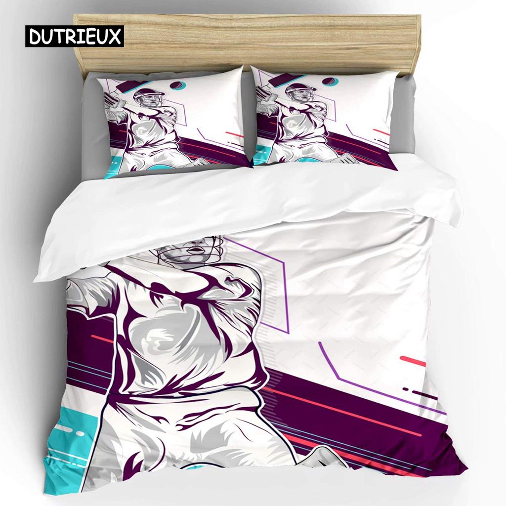 Cricket Duvet Cover Set Abstract Sports Pattern Bedding Set Microfiber Player Playing Game of Cricket Double Queen Quilt Cover
