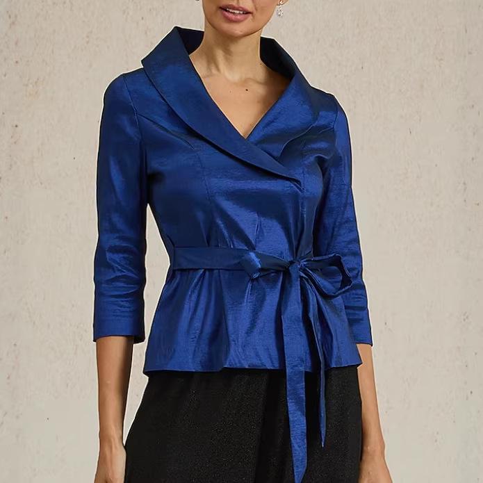 2026 Women s Solid Color Metallic Sheen Tie-Up V-Neck Top with 3/4 Sleeves Large синий