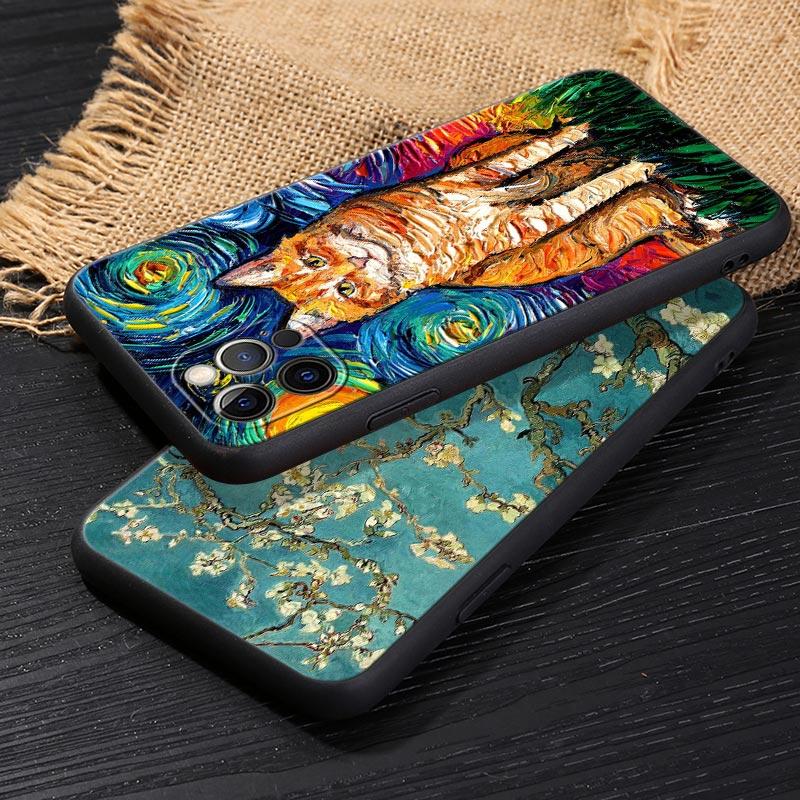 Van Gogh Starry Night Cat Oil Painting Funda For Iphone 15 Pro 14 11 12 13 Pro Max Mini XS X 7 8 14 Plus SE2020 Cases Soft Cover