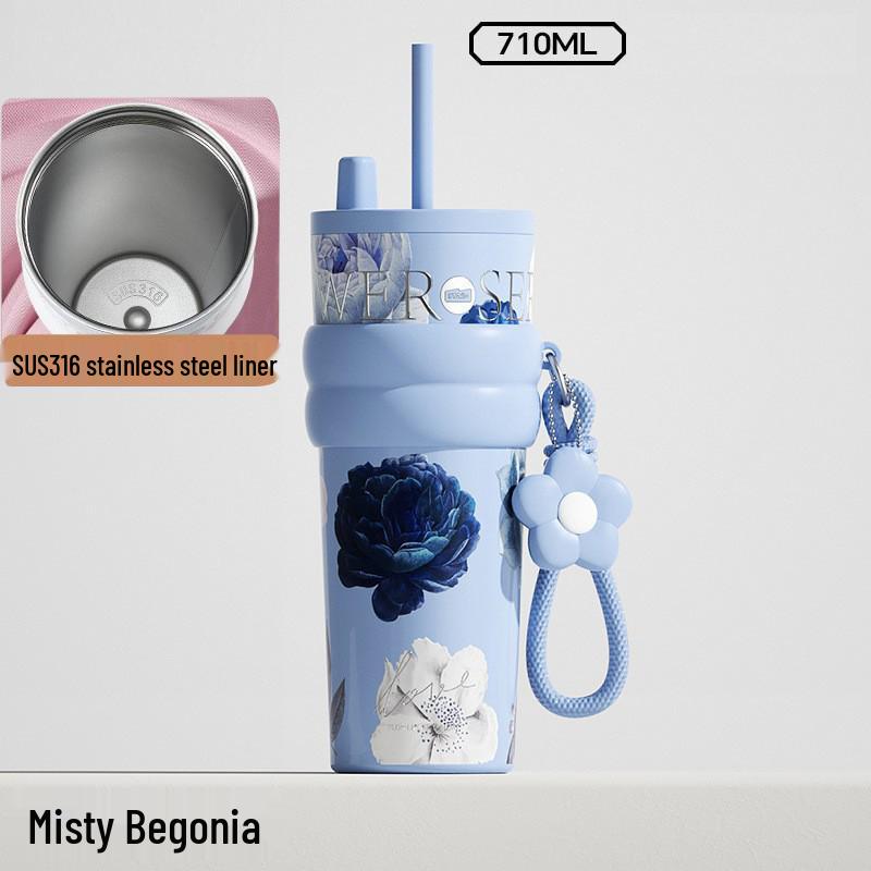 Floral Thermos Mug with Ceramic Liner - Large Capacity, Portable Cooler Cup with Straw for Car