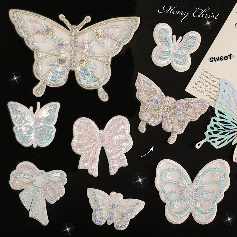 Down Jacket Patch Sticker Lace Ultra-Thin Mesh Embroidery Sequins Butterfly Bow Self-Adhesive Clothing Accessories