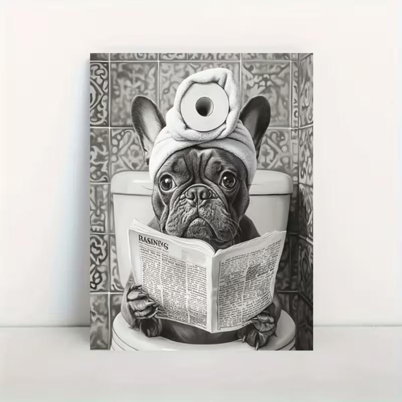 Funny French Bulldog Bathroom Wall Art, Cute Dog Reading Newspaper Print, Quirky Toilet Humor Home Decor, Black and White Pet Poster 20x30cm