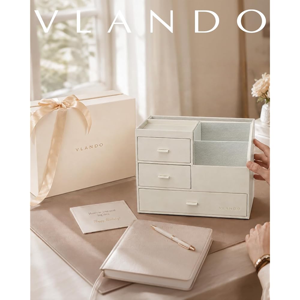 VLANDO Desk Organizer, PVC Leather, Three Drawers, Small Item Storage, Cosmetic Storage, Office,