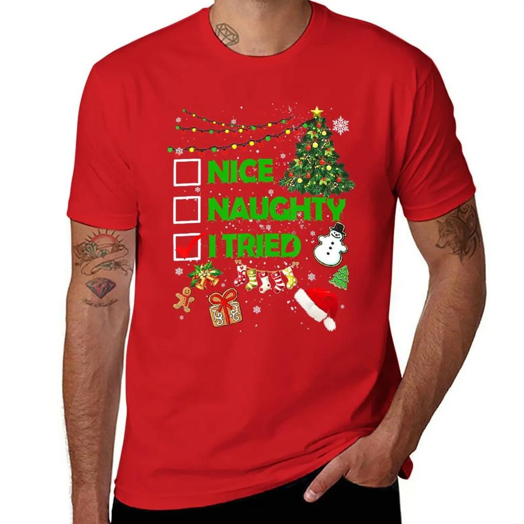 New Christmas Nice Naughty I Tried Xmas Tree Light Pajamas T-Shirt Shirts Graphic Tees Graphic T Shirts Black T Shirts for Men