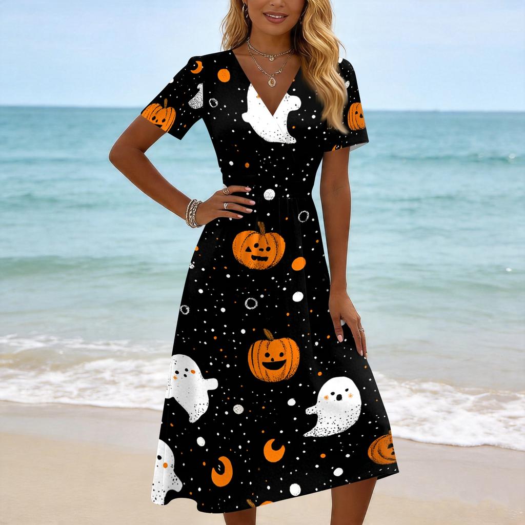 Womens Casual Halloween Printed Short Sleeve V Neck Dress Midi Length Comfortable Fit Seasonal Dress for Autumn and Fall