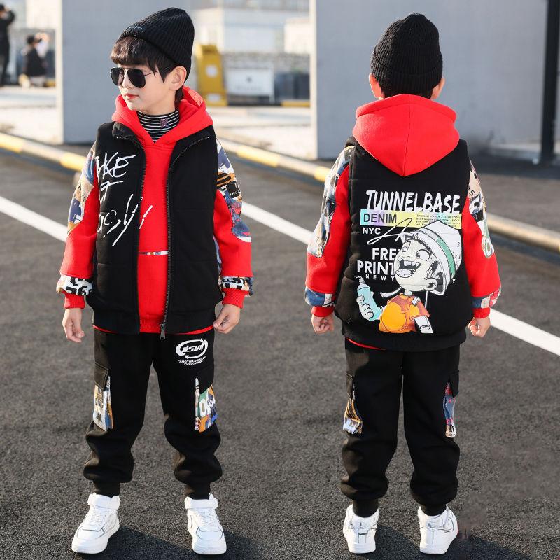Frühlings- und Herbstanzüge für Jungen, Kapuzenpullover für Kinder, Langarmpullover + Weste + Hose sowie verdicktes dreiteiliges Set