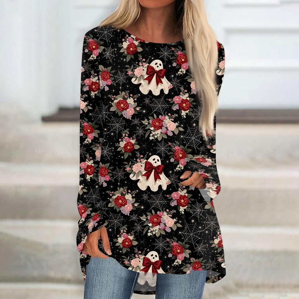 Women's Long Sleeve Round Neck Halloween Print Tunic T-Shirt for Casual Fall Fashion