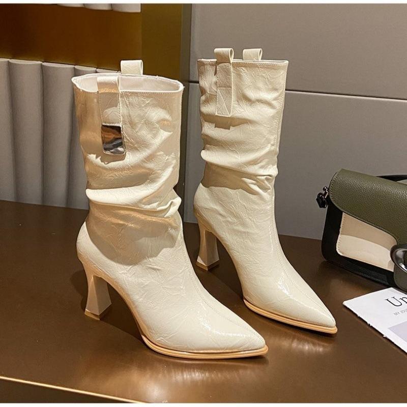 

8Cm pointed high-heeled short boots women s autumn and winter new thick-heeled piled boots without zipper patent leather temperament versatile fash 40