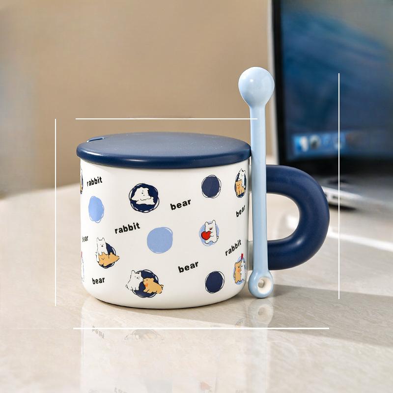 Cute Style Couple Water Cup Breakfast Cup Cartoon Blue Mug with Lid Ceramic Cup with Mixing Spoon