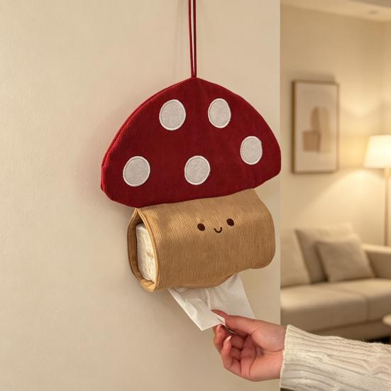 Yousheng Tissue Box Soft Velvet Fabric Hanging Tissue Holder with Lanyard Wall-Mounted Tissue Case Cute Mushroom Shapes Organizer for
