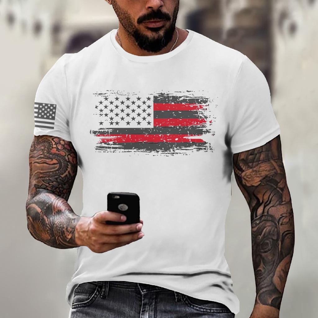 Men's Fashion Casual Short Sleeve Round Neck Independence Day Flag T-Shirt Top