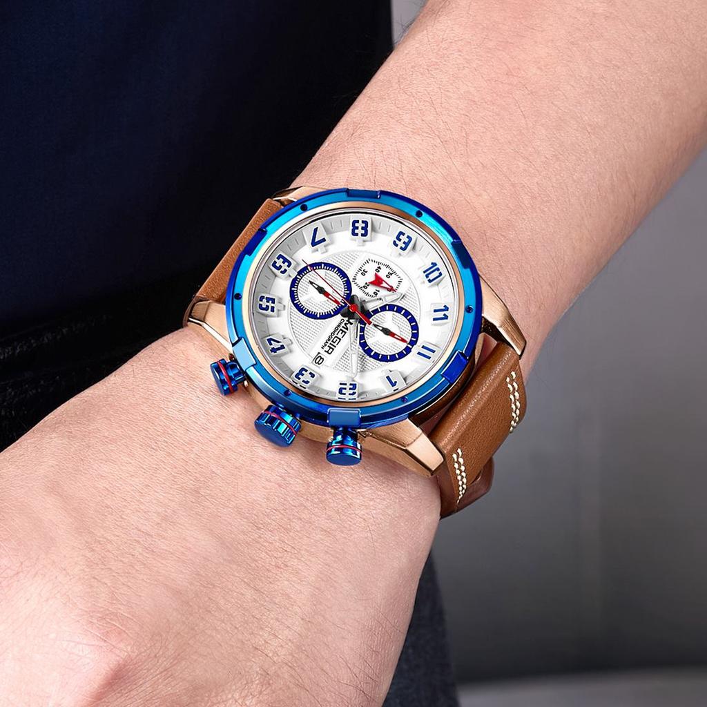 MEGIR Chronograph Sport Watch for Men Leather Strap Quartz Military Wristwatch Waterproof Calendar Clock Relogio Masculino 2082