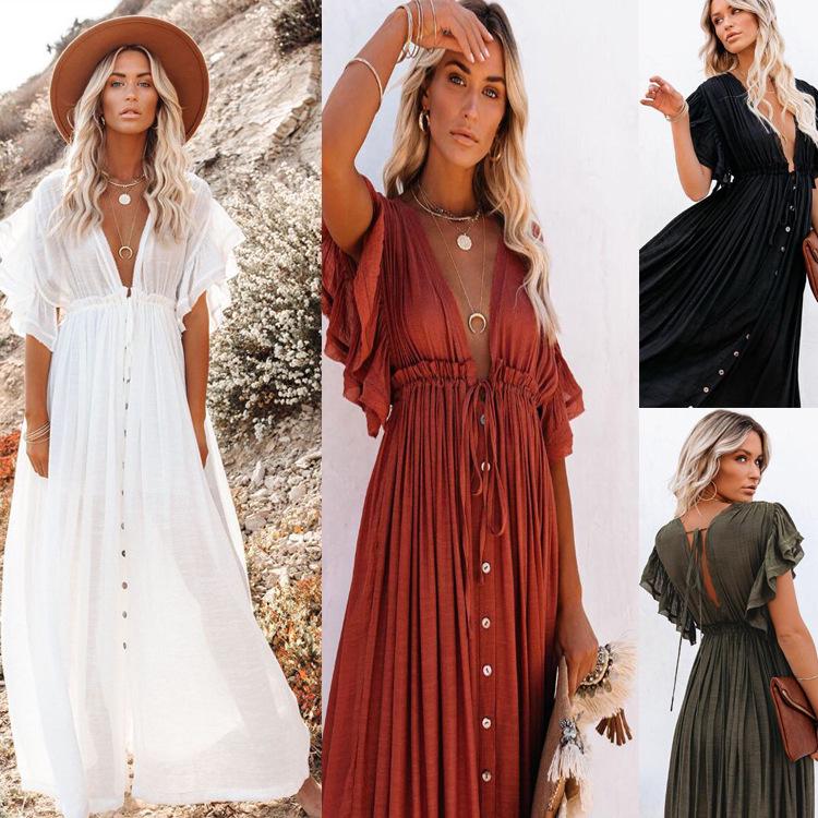 Bamboo Cloth Button Drawstring Long Skirt & Sun Protection Shirt Cover-up (4 Colors)