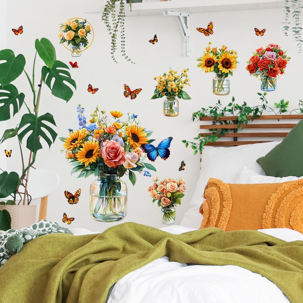 Painted Flowers Vase Butterfly Bedroom Living Room Wardrobe Home Background Beautification Decoration Stickers