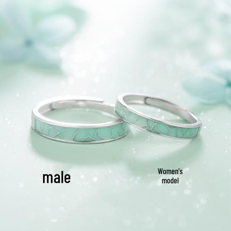S925 Sterling Silver Blue & White Porcelain Adjustable Couple Rings for Men and Women Open Adjustable