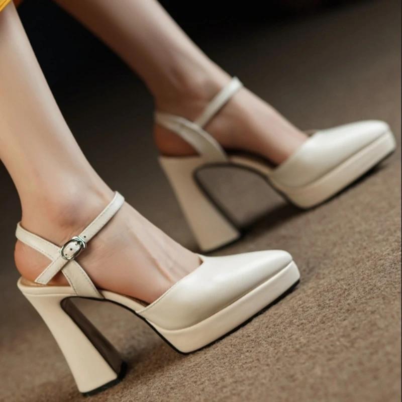 Mode Damen High Heel Sandalen Spitzschuh Ein-Riemen Schnalle Blockabsatz Schuhe Damen Kleid Zehenbedeckt Französisch Elegant Sandalen Damen