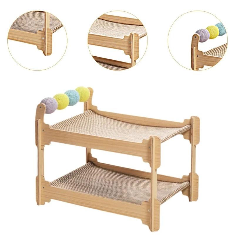 Stable Cats Bed 2 Tiered Design Sisal Scratching Post Wood Base Scratch Resistant Pet Resting House Furniture Protector