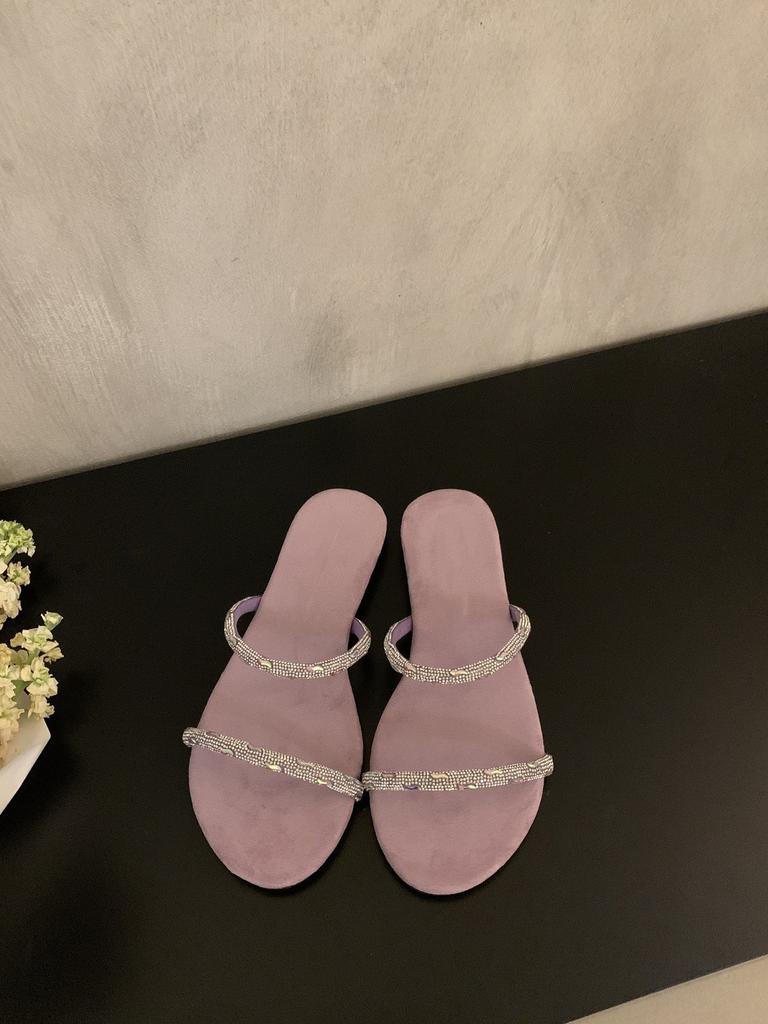 Open-toed rhinestone slippers for women wear new gentle holiday flat sandals