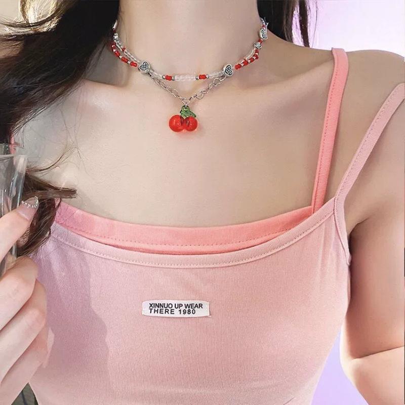 Корейское двухслойное ожерелье с вишневым сердцем