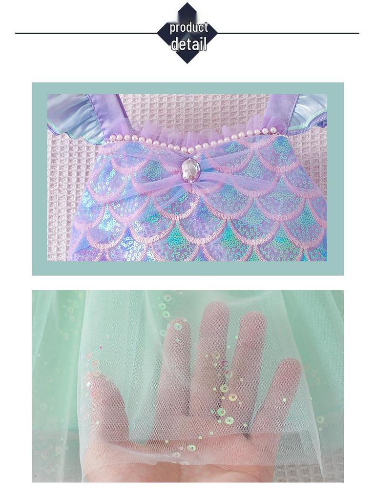 Mädchen Pailletten-Mesh Spaghetti-Träger Kleid - Sommer Meerjungfrau Prinzessin Kostüm