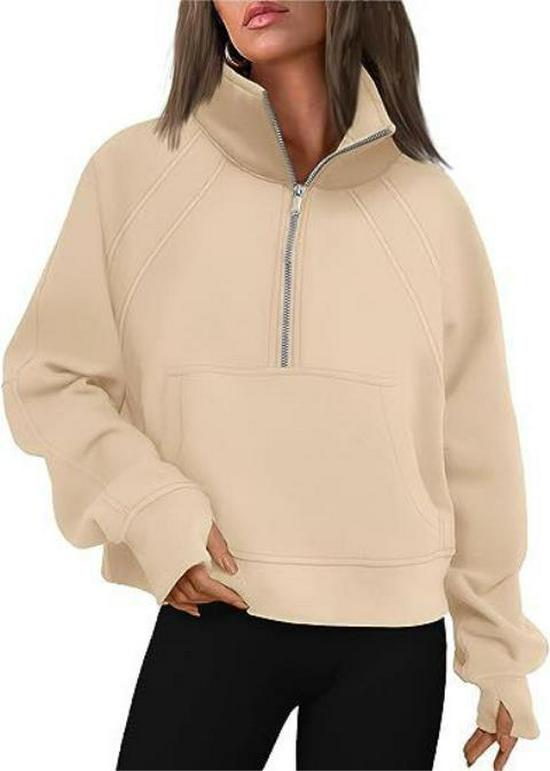 Women's Half-Zip Stand Collar Velvet Hoodie Jacket - Autumn/Winter Collection