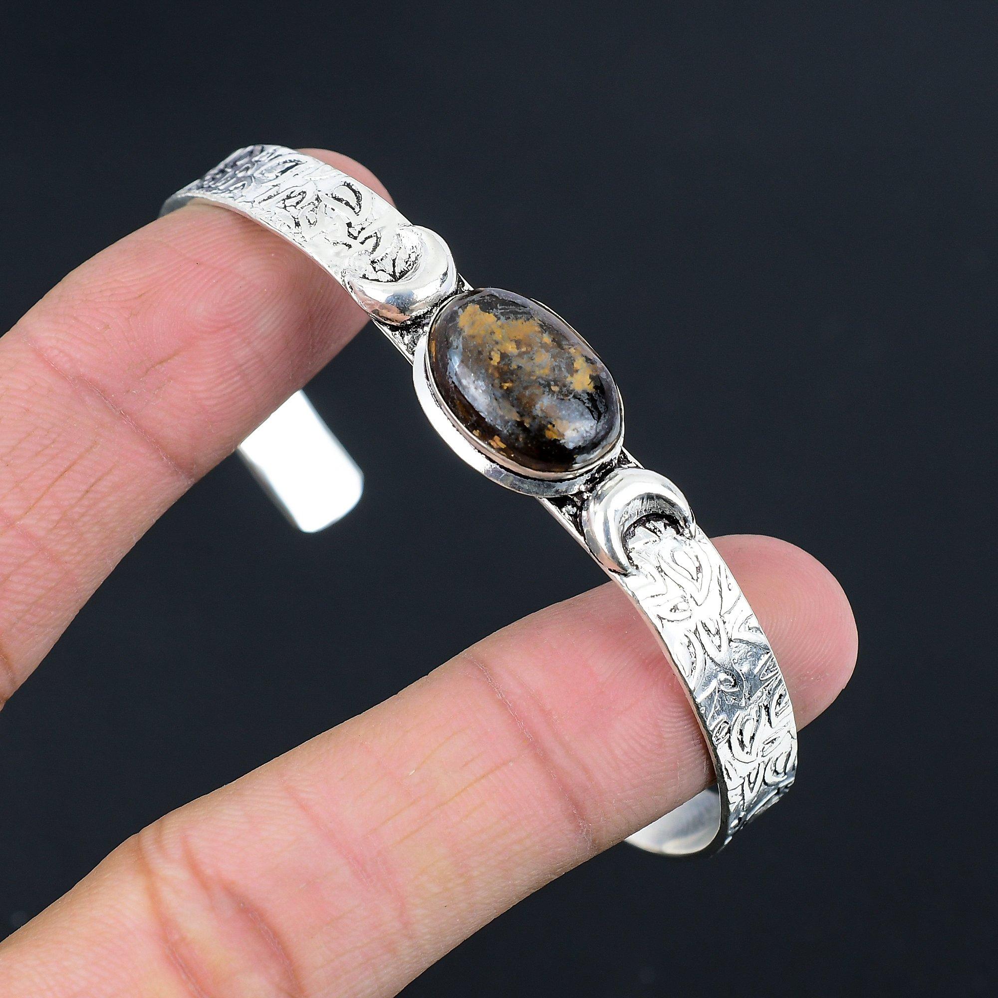 

Halloween Deal Bronzite Stone Crescent Moon Artisan Bangle Bracelet 925 Silver Adjustable